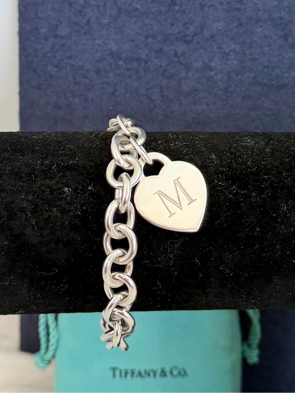 TIFFANY & CO Sterling Silver Initial Letter M Heart Tag Charm Bracelet 7.5” COA